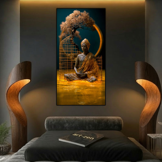 Tablou modern living vertical Paza sanctuarului renăscut printat pe sticlă securizată deasupra unui pat elegant flancat de lămpi sculpturale de lemn