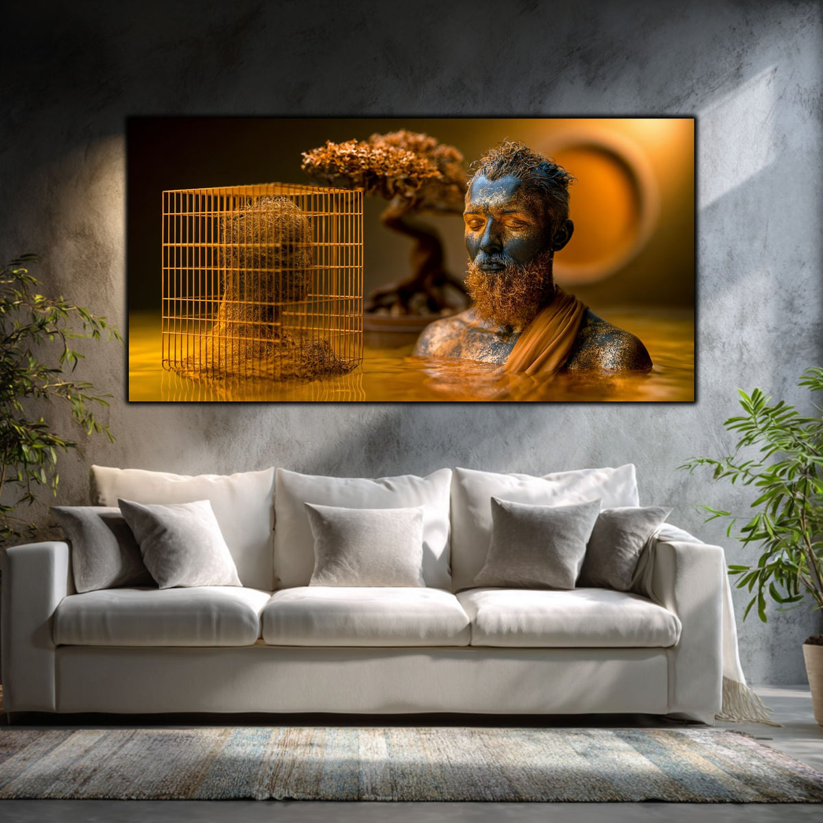 Tablou modern living Paza umbrei din colivie printat pe sticlă securizată panoramică deasupra unei canapele albe într-un living modern luminos