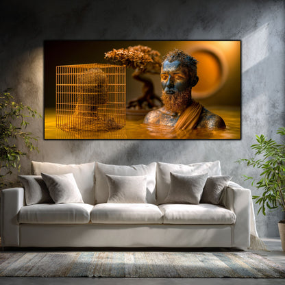 Tablou modern living Paza umbrei din colivie printat pe sticlă securizată panoramică deasupra unei canapele albe într-un living modern luminos