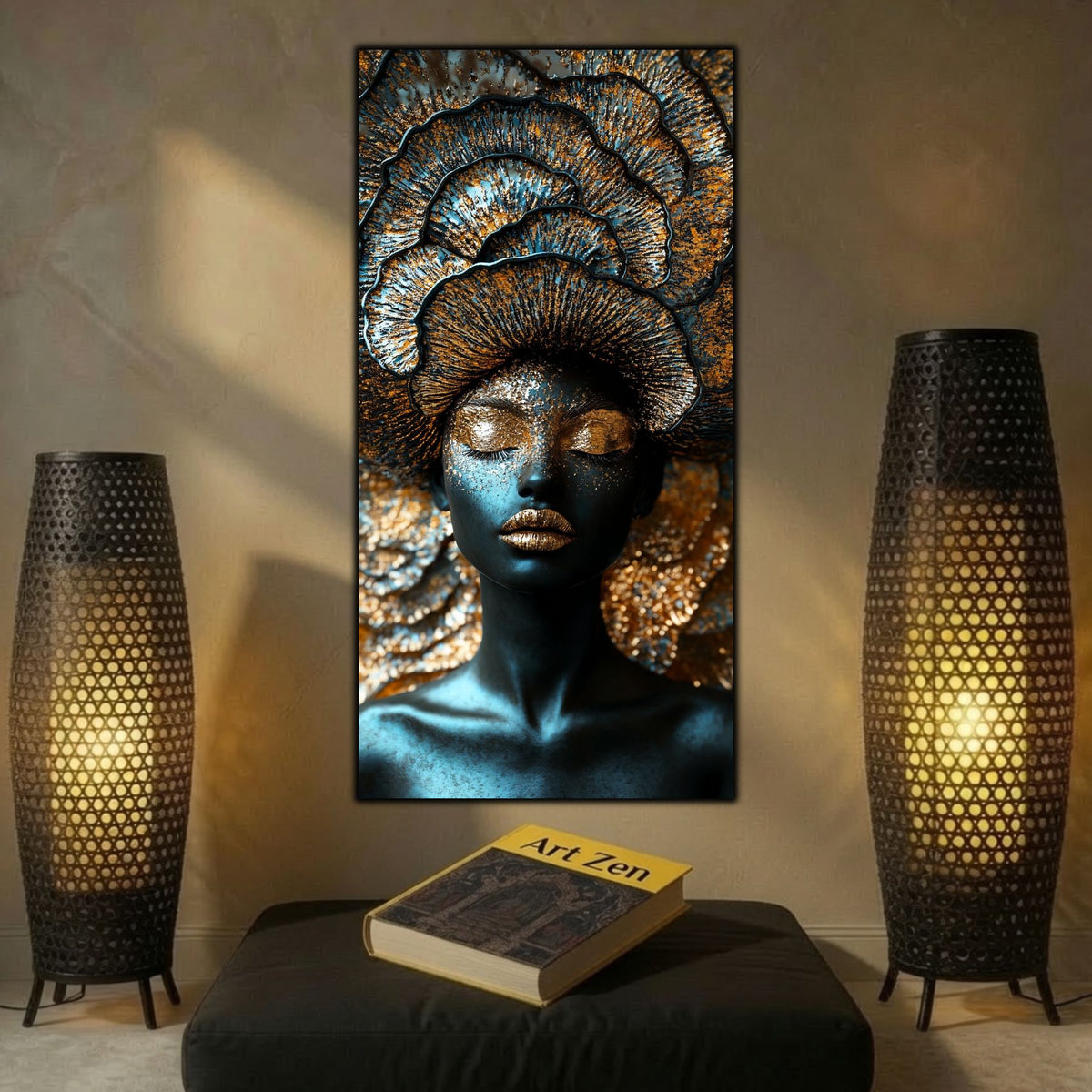 Tablou modern intr-un living cu doua lampadare, cu portret feminin cu texturi si detalii rafiinate, in culori de cupru si auriu, cu negru profund.
