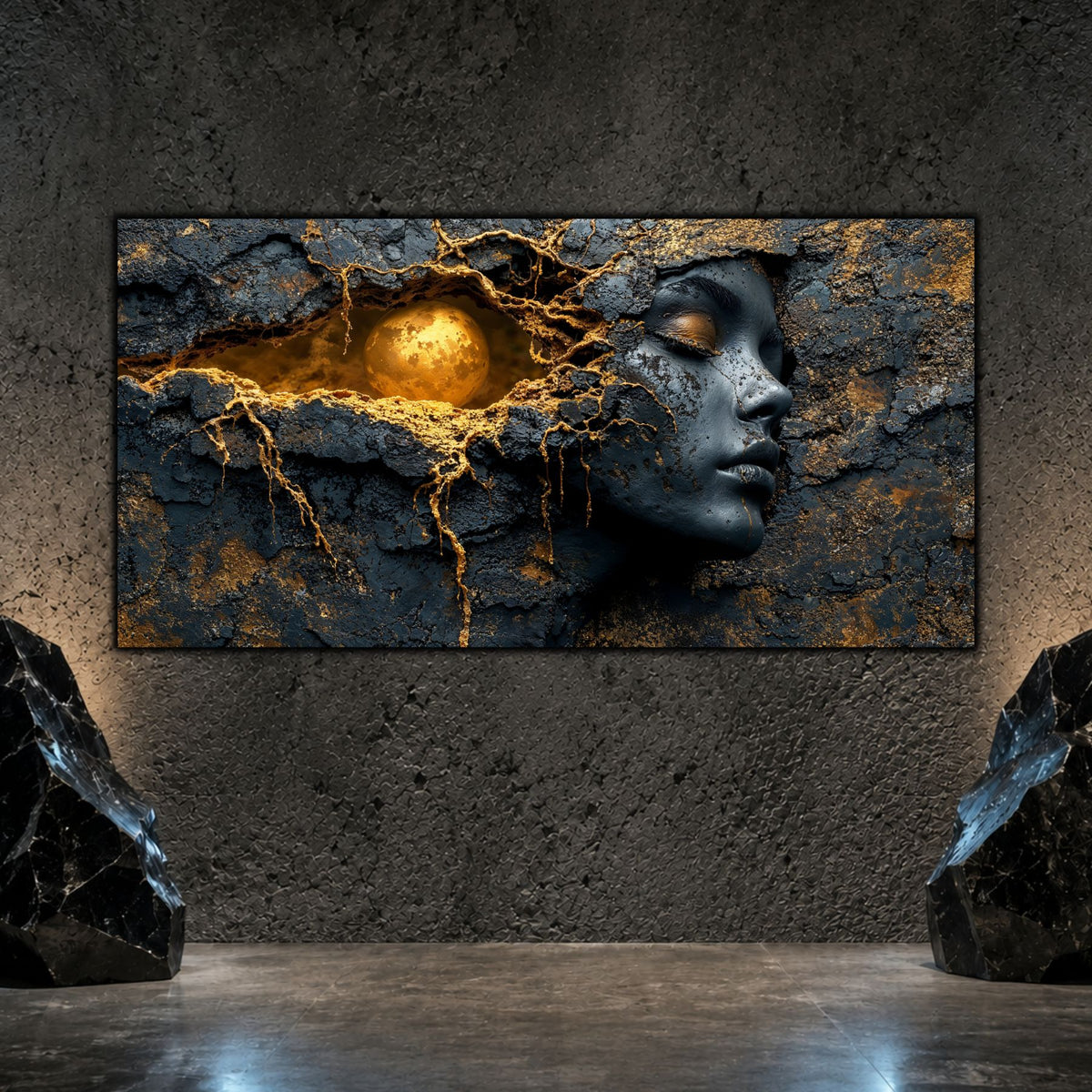 Tablou modern sufragerie cu portret feminin sculptat in granit, in nuante inchise si textura de carbune, alaturi de o sfera aurie solara.