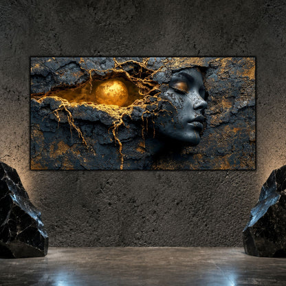 Tablou modern sufragerie cu portret feminin sculptat in granit, in nuante inchise si textura de carbune, alaturi de o sfera aurie solara.