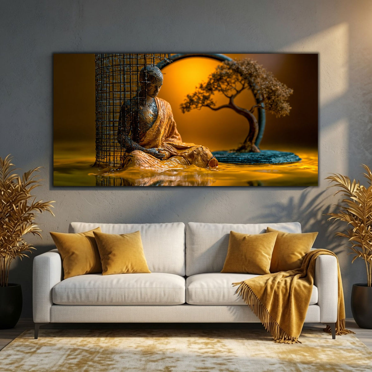 Perspectivă a unui tablou pe sticlă securizată 4mm fără tentă verzuie, expus pe un perete pentru a accentua atmosfera luxury.
