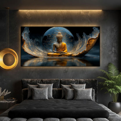 Tablou panoramic cu figură meditativă aurie și disc albastru fisurat, deasupra unui pat gri închis, lângă o lampă circulară aurie și o plantă verde.