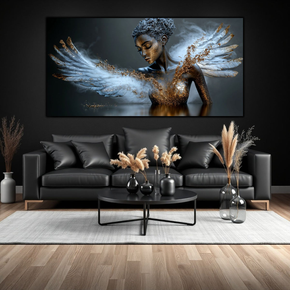 Tabloul pe Sticlă Securizată "Renașterea din Pulbere" – Artă Abstractă de Lux, va aduce livinului tau un plus fe eleganta.