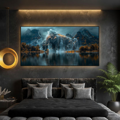 Tablou peisaj natură Cascada titanului adormit printat pe sticlă securizată panoramică deasupra unui pat într-un dormitor contemporan elegant