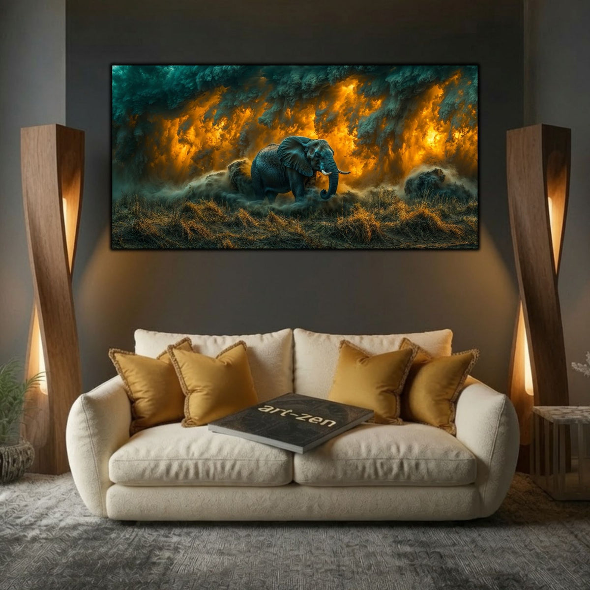 Tablou peisaj natură Furtuna de ambră peste savană printat pe sticlă securizată panoramică deasupra unei canapele crem într-un living elegant cu lămpi sculpturale de lemn