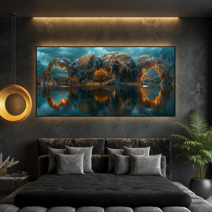 Tablou peisaj natură Sanctuarul arcadelor de piatră printat pe sticlă securizată panoramică deasupra unei canapele albe într-un living modern luminos
