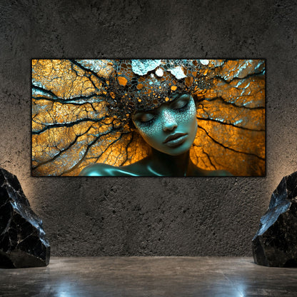 Tablou modern pentru decorul elegant al livingului, cu portret feminin maeditativ, in nuante portocalii si negre, cu texturi miceliene.