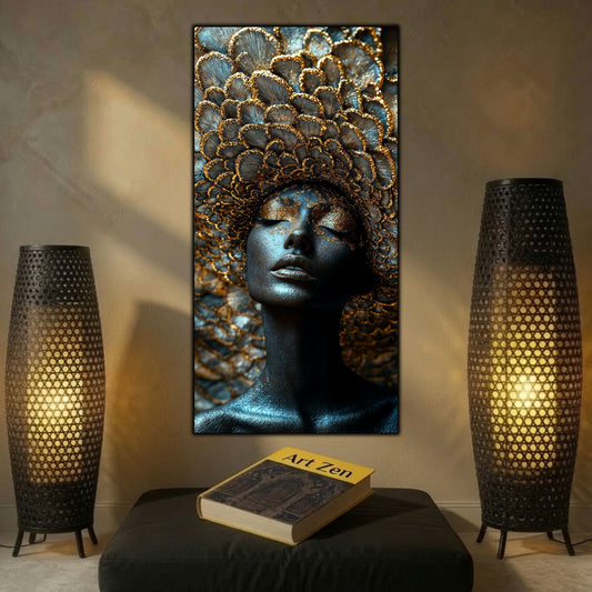 Tablou pentru living elegant, cu portret feminin abstract, in nuante ruginii si cupru, langa doua lampadare de metal, pe un perete maroniu.