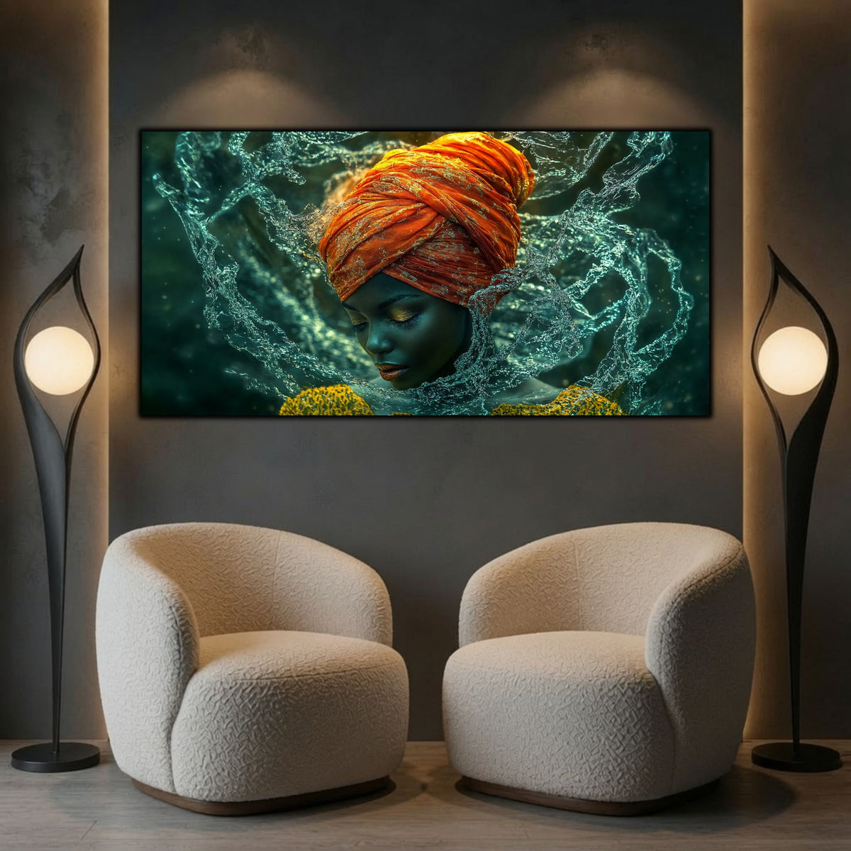 Tablou portret meditativ panoramic Paza apelor de cristal printat pe sticlă securizată deasupra a două fotolii rotunde din bouclé într-un interior minimalist