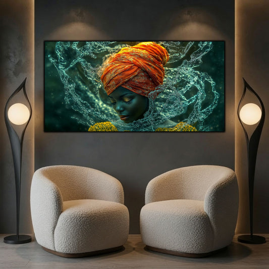 Tablou portret meditativ panoramic Paza apelor de cristal printat pe sticlă securizată deasupra a două fotolii rotunde din bouclé într-un interior minimalist