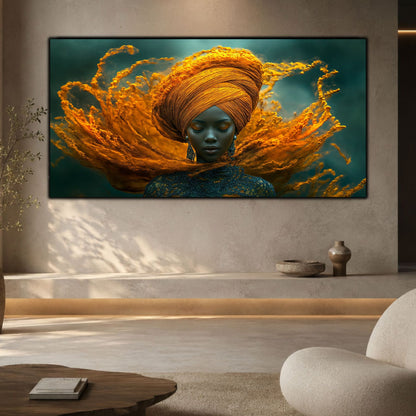 Tablou portret meditativ panoramic Paza aripilor de foc printat pe sticlă securizată deasupra unei băncuțe din piatră într-un living minimalist cu fotoliu bouclé