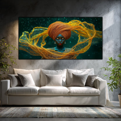 Tablou portret meditativ panoramic Paza pânzei de ambră printat pe sticlă securizată deasupra unei canapele albe într-un living modern cu pereți gri