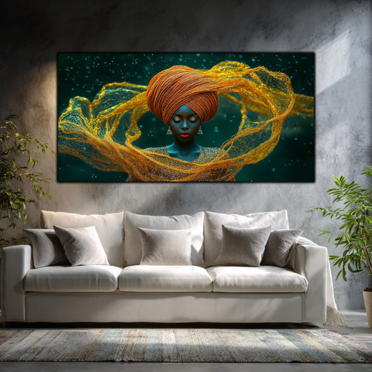 Tablou portret meditativ panoramic Paza pânzei de ambră printat pe sticlă securizată deasupra unei canapele albe într-un living modern cu pereți gri