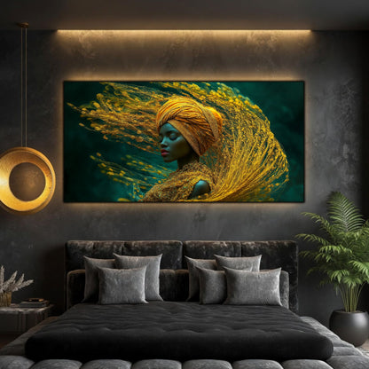 Tablou portret meditativ panoramic Paza pulberii de amiant printat pe sticlă securizată deasupra unui pat matrimonial negru într-un dormitor contemporan