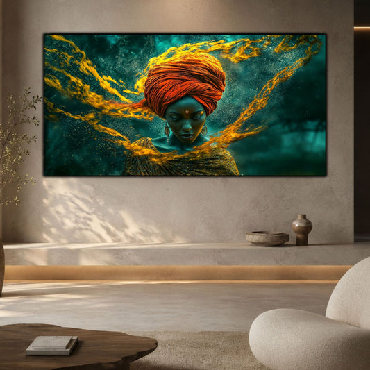Tablou portret meditativ panoramic Paza pulberii de rubin printat pe sticlă securizată deasupra unei băncuțe din piatră într-un interior minimalist cald cu fotoliu bouclé