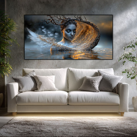 Tablou sufragerie cu temă cosmică Scufundare Eterică, artă pe sticlă securizată cu design diafan și elegant, decor perete sufragerie modernă de lux.