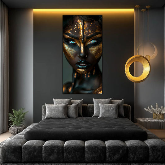 tablou pe sticla cu portret dramatic dark mood de la artzen, numit Arhipelagul Luminii, prezentat pe un perete modern de dormitor