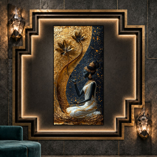 Tablou vertical Saffron Passage pe sticlă securizată, în interior Art Deco întunecat, cu nișă geometrică iluminată