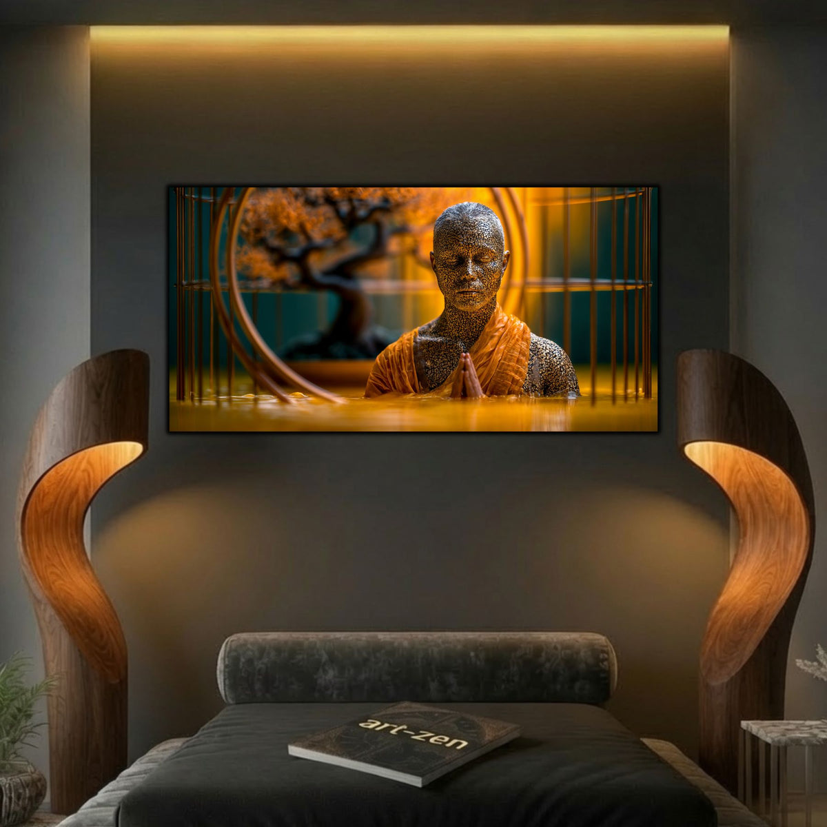 Tablou de artă zen pe sticlă, element central de decor integrat armonios pe peretele unei sufragerii elegante.