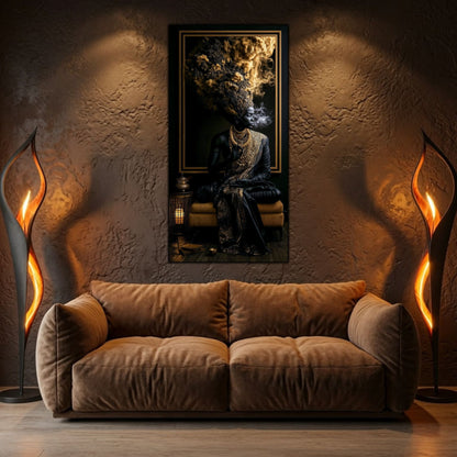Integrare tablou într-un decor interior modern, cu iluminare dramatică și estetică zen.