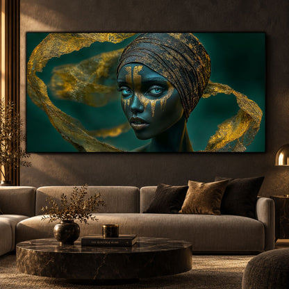 Tablou din sticlă pentru dormitor art-zen ediție unicat 1/1 portret sculptural femeie cu reflexii de aur și smarald pe sticlă securizată 4mm