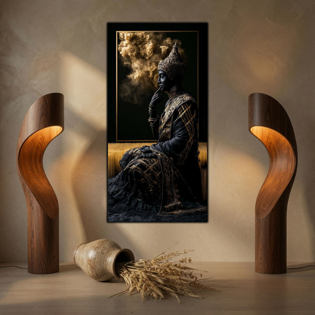 Integrare tablou într-un decor interior modern, estetică zen-luxury și iluminare ambientală subtilă.