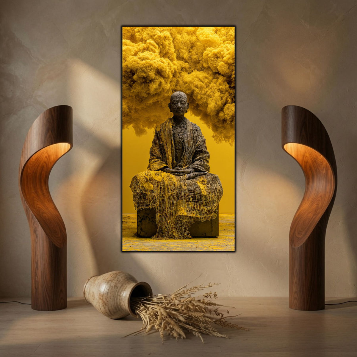 Tablou de artă zen din sticlă, element central de decor integrat armonios pe un perete dedicat meditației.