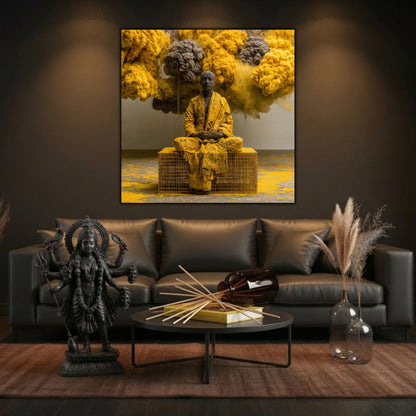Tablou mare pentru sufragerie, design zen armonios cu iluminare cinematică și culori calde.