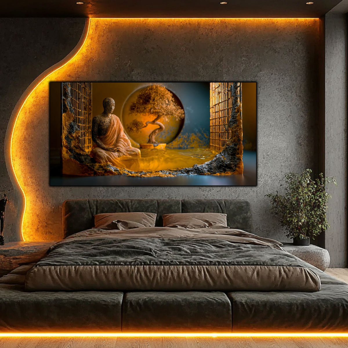 Tablou modern si zen intr-un dormitor iluminat cu banda led 