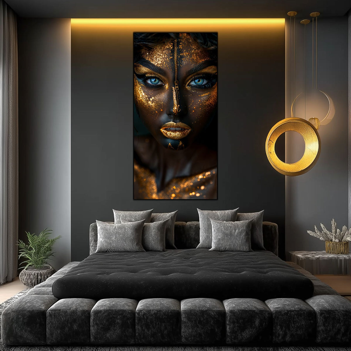 tablou printat pe sticla securizata cu un portret feminin fascinant cu privire patrunzatoare, numit Navigarea Spiritului