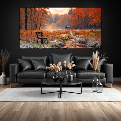 Tablou pe sticlă cu un peisaj mistic cu râu, ceață și culori de toamnă. Decor ideal pentru living sau hol, invitând la calm și reverie.
