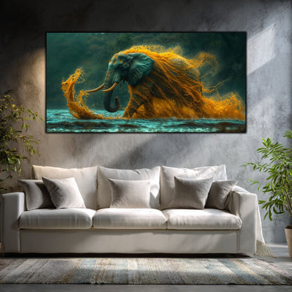Tablou panoramic Amber Tide cu elefant acoperit de materie aurie, expus deasupra unei canapele albe