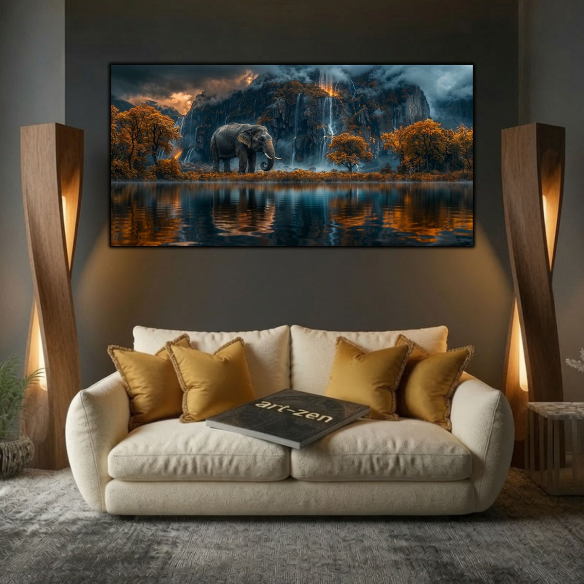 Tablou din sticlă Ember Falls cu elefant, cascade și lac arămiu, expus într-un living cu mobilier crem