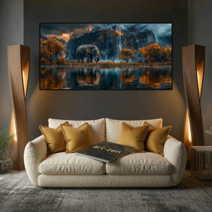 Tablou din sticlă Ember Falls cu elefant, cascade și lac arămiu, expus într-un living cu mobilier crem