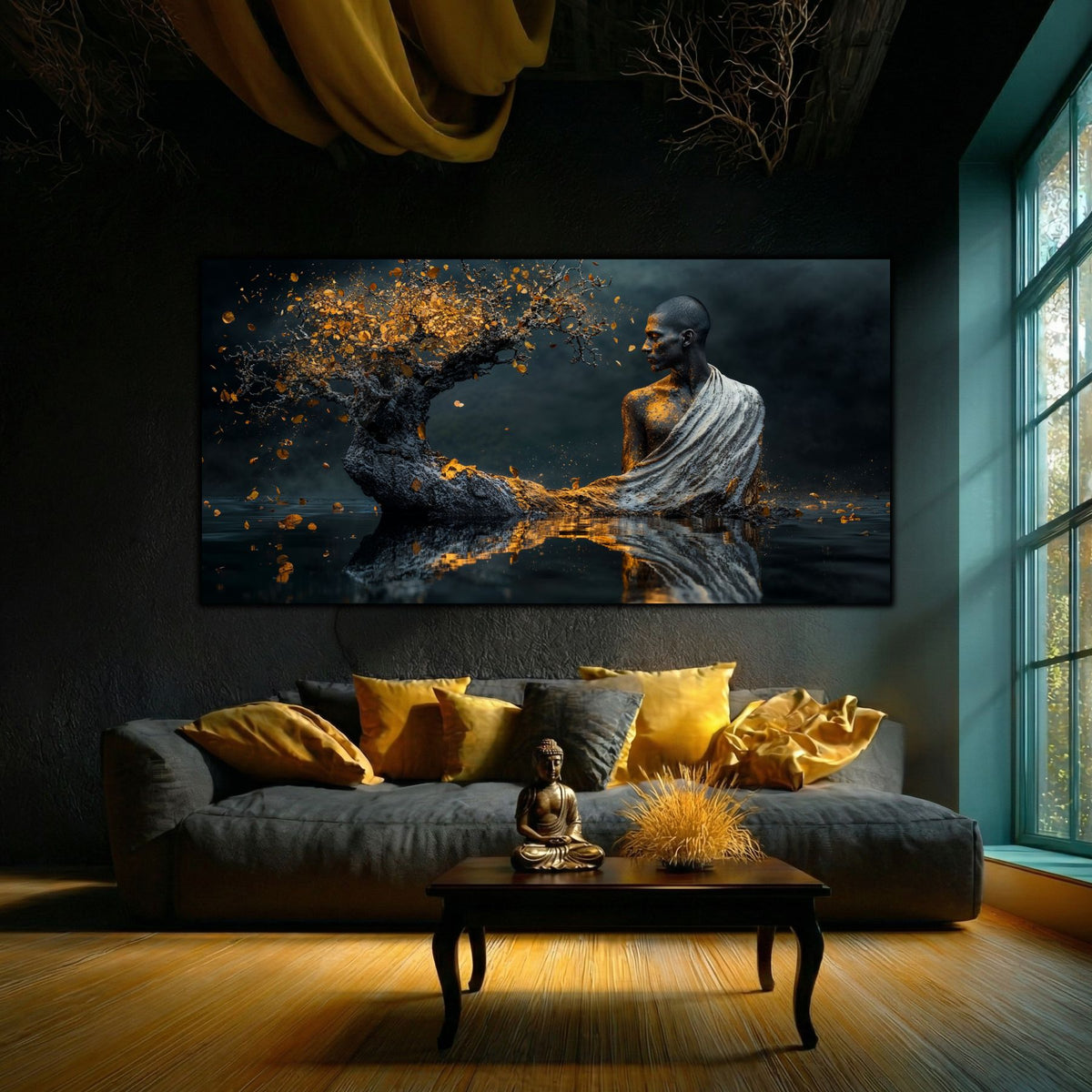 Tablou sufragerie suprarealist Tăcerea Adâncului, artă pe sticlă securizată despre introspecție și conexiunea cu natura, decor perete modern de lux.