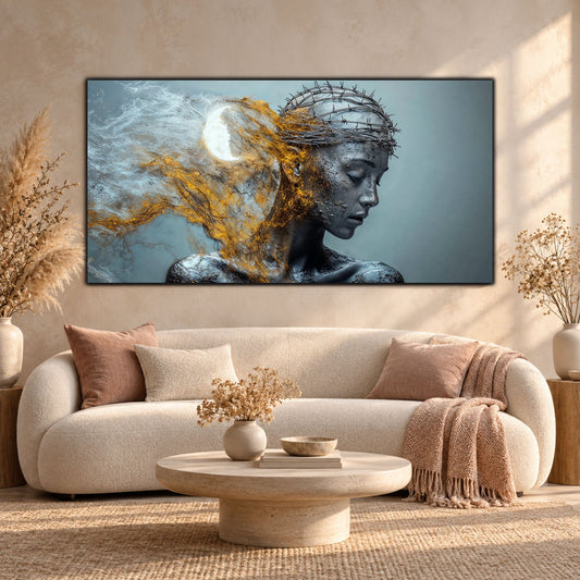 Tablou din sticlă Held Light cu chip sculptural și nucleu luminos, amplasat deasupra unei canapele crem