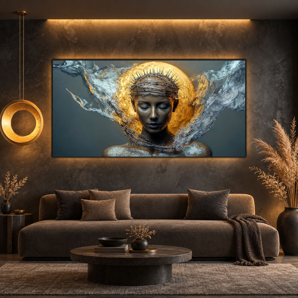 Tablou Sticlă Securizată Risen Within cu portret sculptural, disc auriu și aripi minerale, într-un living antracit
