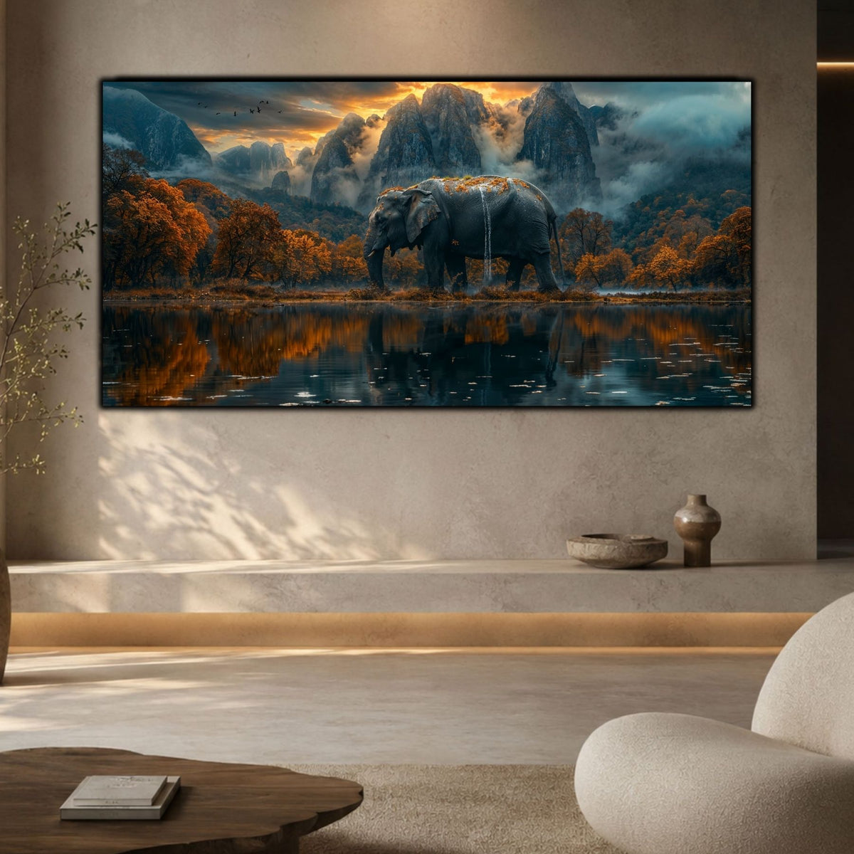 Tablou panoramic Stillwater cu elefant, lac și pădure arămie, expus într-un living minimalist crem
