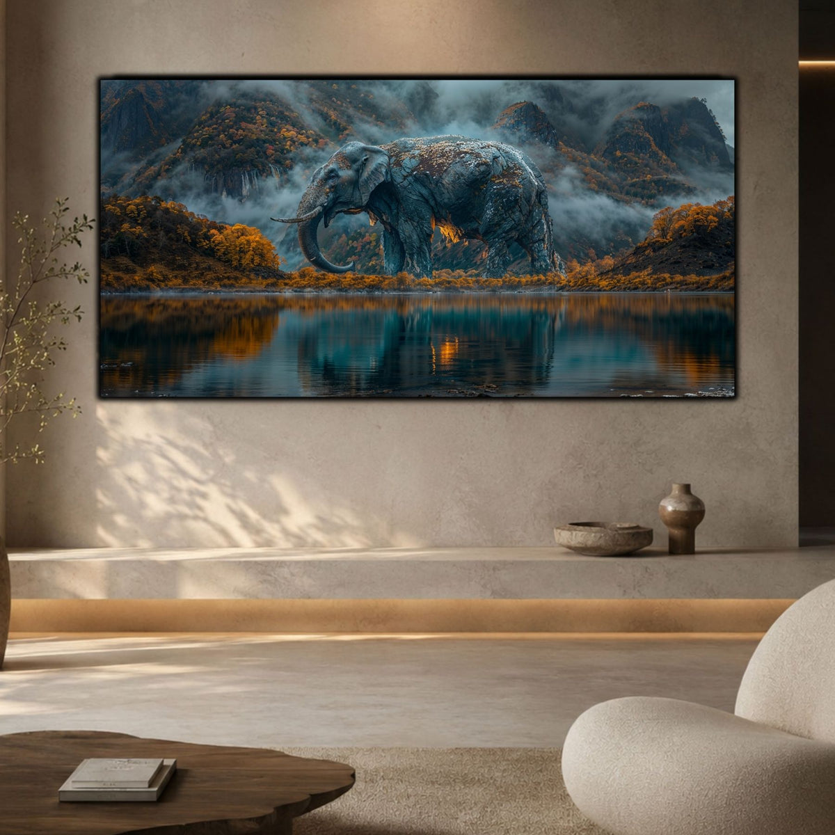 Tablou panoramic Stoneborn cu elefant teluric și lac albastru, expus într-un living minimalist crem