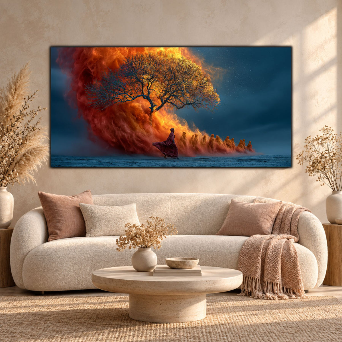 Tablou panoramic cu procesiune sub un copac incandescent, amplasat deasupra unei canapele crem într-un living luminos