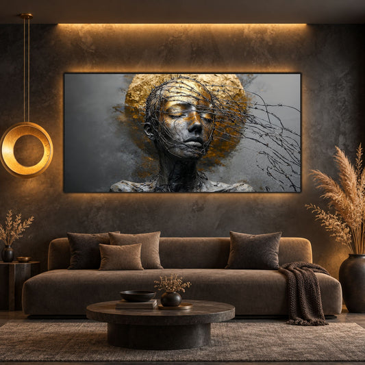 Tablou Sticlă Securizată Unbroken Gold cu portret mineral, fire metalice și halou auriu, într-un living antracit