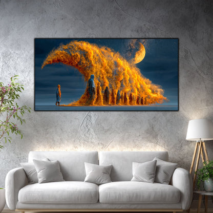 Tablou sticlă securizată Valul luminii ancestrale printat UV panoramic deasupra unei canapele albe într-un living modern cu lampadar din lemn