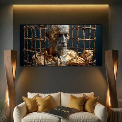 Tablou elegant pentru sufragerie, călugăr acoperit de aur lucios meditând în colivie pe apă, sticlă 4mm.