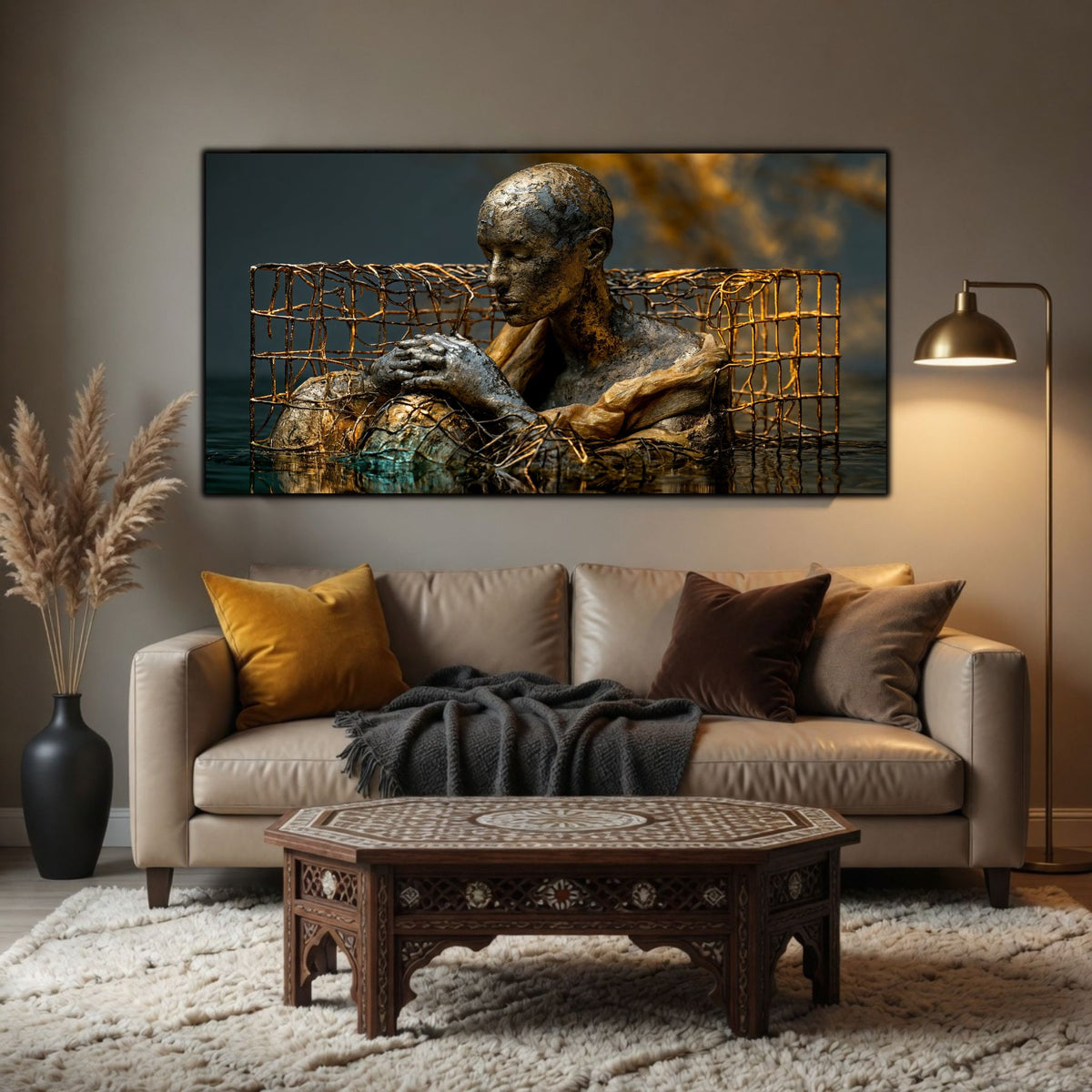 Tablou mare pentru sufragerie, design zen luxury cu apă vălurită și iluminare cinematică.