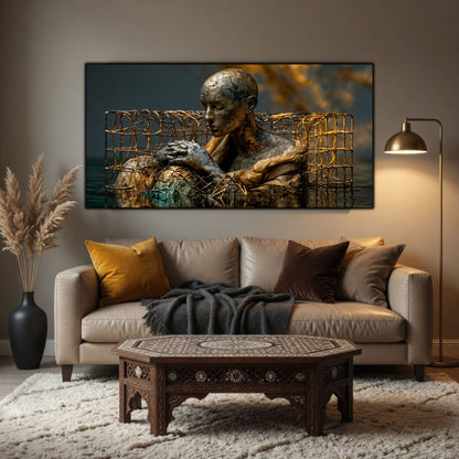 Tablou mare pentru sufragerie, design zen luxury cu apă vălurită și iluminare cinematică.