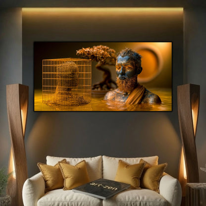 Tablou mare pentru sufragerie, design zen luxury cu iluminare cinematică și contrast profund.