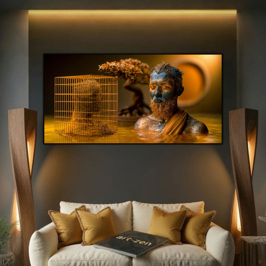 Tablou mare pentru sufragerie, design zen luxury cu iluminare cinematică și contrast profund.