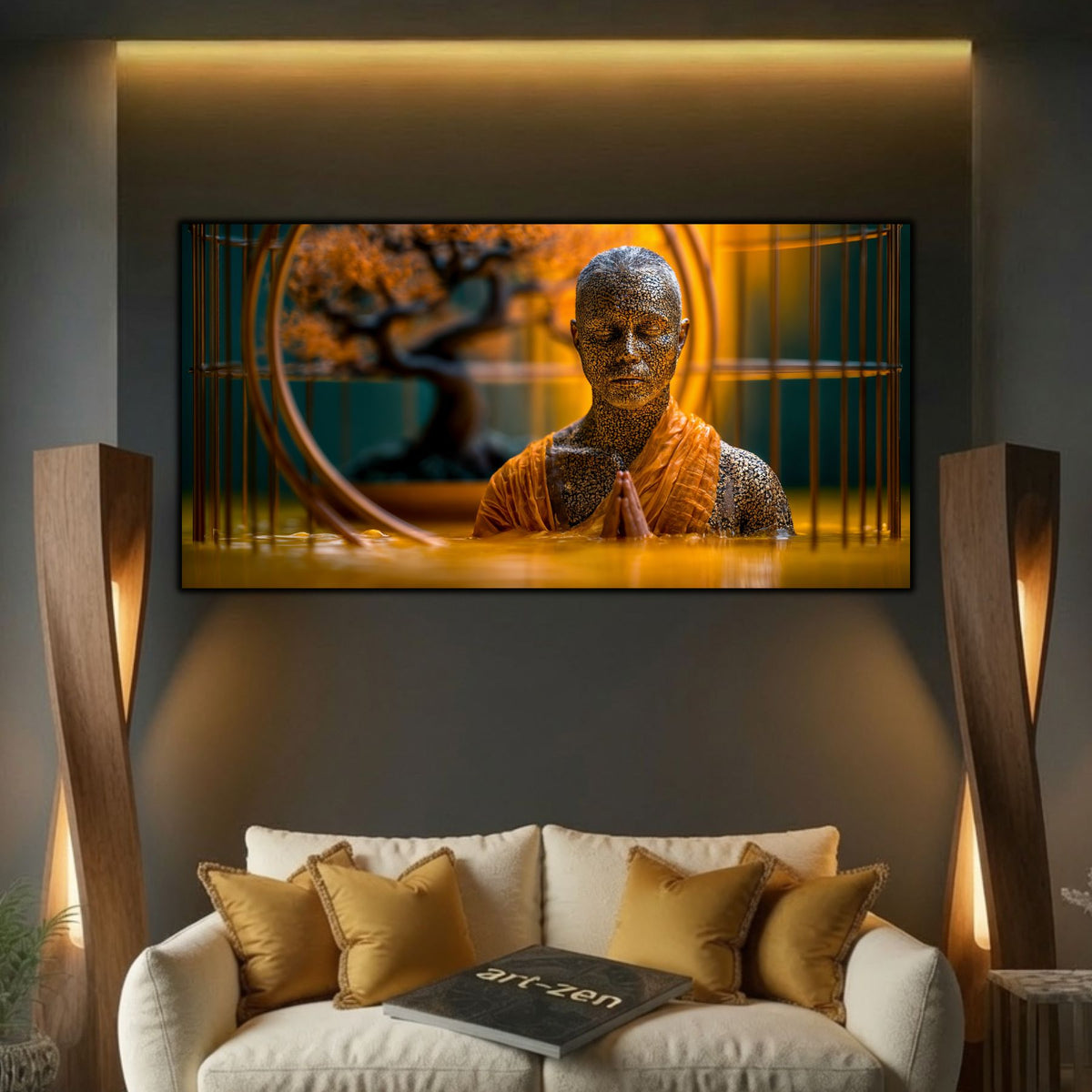 Tablou elegant pentru sufragerie, călugăr meditând în apă galbenă lângă colivie, sticlă 4mm.